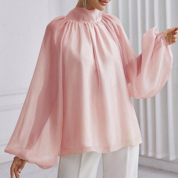 Dusty Pink Casual Women's Solid Color Stand Collar Lantern Sleeve Shirt - Picture 4 of 5